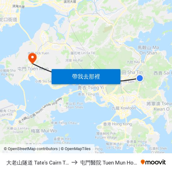 大老山隧道 Tate's Cairn Tunnel to 屯門醫院 Tuen Mun Hospital map