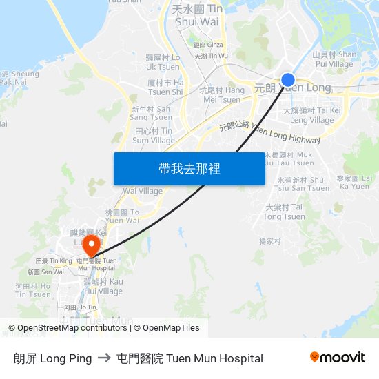 朗屏 Long Ping to 屯門醫院 Tuen Mun Hospital map