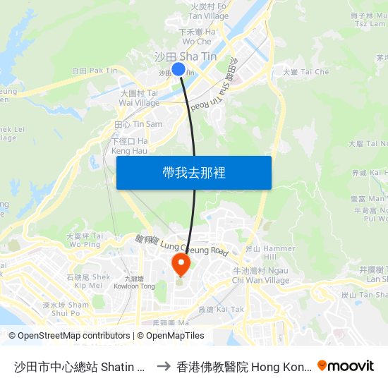 沙田市中心總站 Shatin Central Bus Terminus to 香港佛教醫院 Hong Kong Buddhist Hospital map