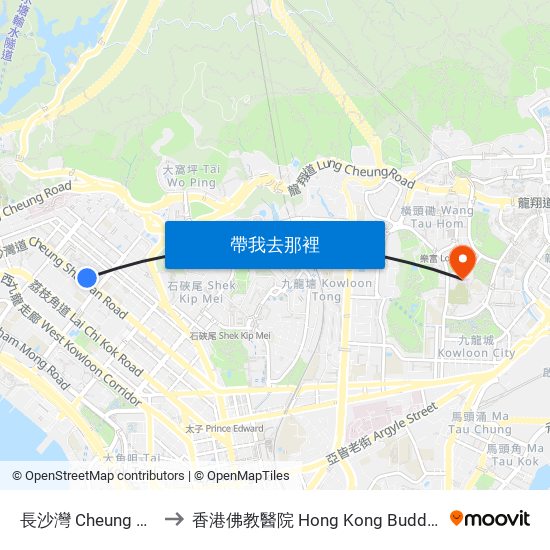 長沙灣 Cheung Sha Wan to 香港佛教醫院 Hong Kong Buddhist Hospital map