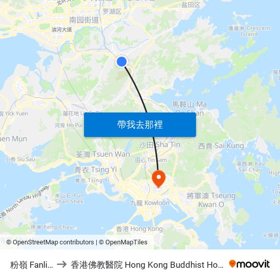 粉嶺 Fanling to 香港佛教醫院 Hong Kong Buddhist Hospital map