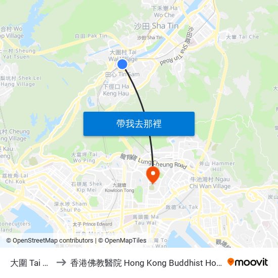 大圍 Tai Wai to 香港佛教醫院 Hong Kong Buddhist Hospital map