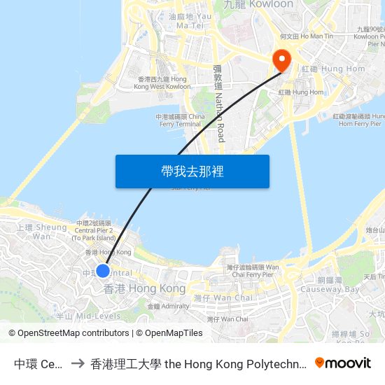 中環 Central to 香港理工大學 the Hong Kong Polytechnic University map