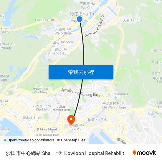 沙田市中心總站 Shatin Central Bus Terminus to Kowloon Hospital Rehabilitation Building (九龍醫院復康大樓) map