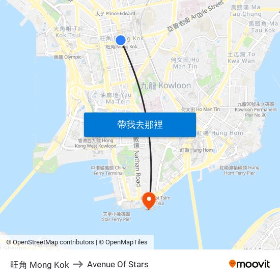 旺角 Mong Kok to Avenue Of Stars map