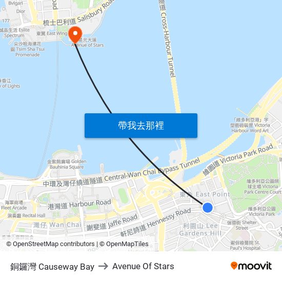 銅鑼灣 Causeway Bay to Avenue Of Stars map