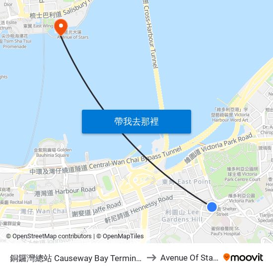 銅鑼灣總站 Causeway Bay Terminus to Avenue Of Stars map