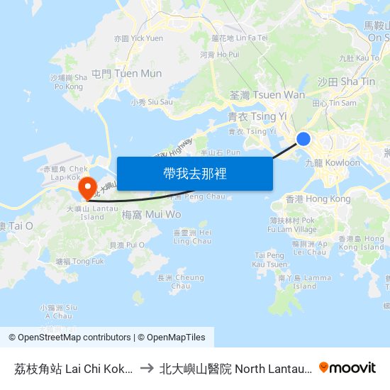 荔枝角站 Lai Chi Kok Station to 北大嶼山醫院 North Lantau Hospital map