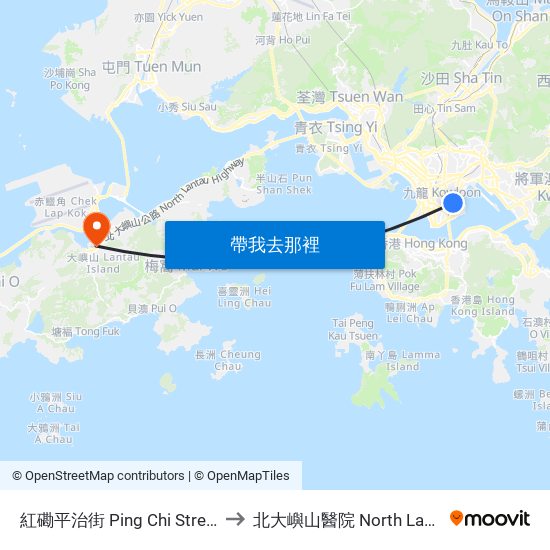 紅磡平治街 Ping Chi Street Hung Hom to 北大嶼山醫院 North Lantau Hospital map