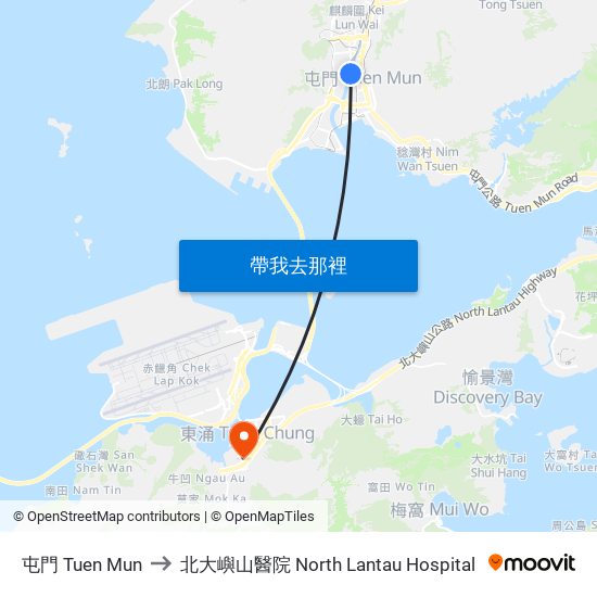屯門 Tuen Mun to 北大嶼山醫院 North Lantau Hospital map