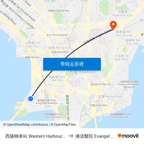 西隧轉車站 Western Harbour Tunnel Bbi to 播道醫院 Evangel Hospital map