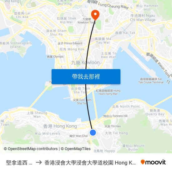 堅拿道西 Canal Road West to 香港浸會大學浸會大學道校園 Hong Kong Baptist University Baptist University Road Campus map