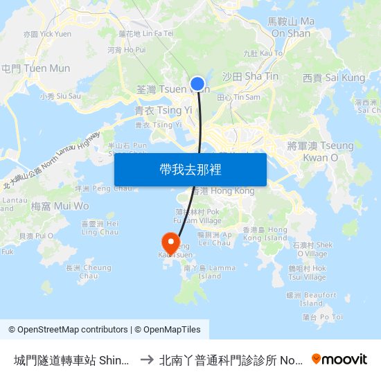 城門隧道轉車站 Shing Mun Tunnels Bus Interchange to 北南丫普通科門診診所 North Lamma General Out-Patient Clinic map
