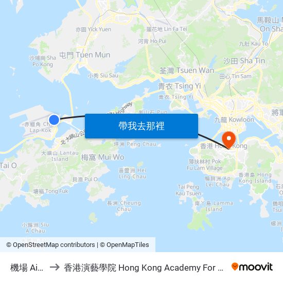 機場 Airport to 香港演藝學院 Hong Kong Academy For Performing Arts map