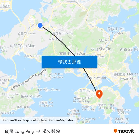 朗屏 Long Ping to 港安醫院 map