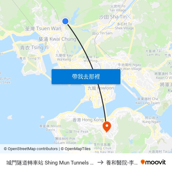 城門隧道轉車站 Shing Mun Tunnels Bus Interchange to 養和醫院-李樹培院 map