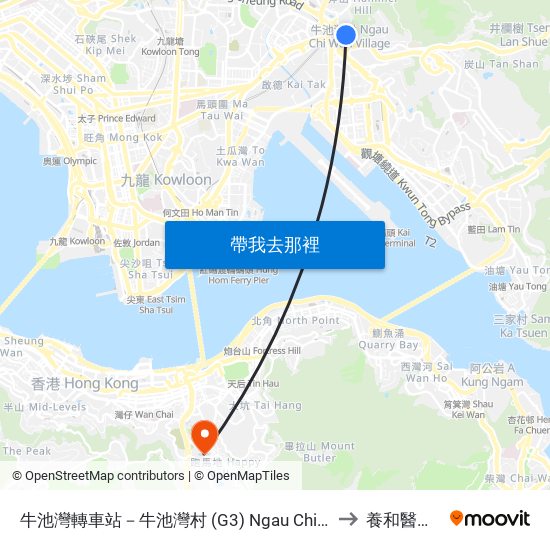 牛池灣轉車站－牛池灣村 (G3) Ngau Chi Wan Bbi - Ngau Chi Wan Village (G3) to 養和醫院-李樹培院 map