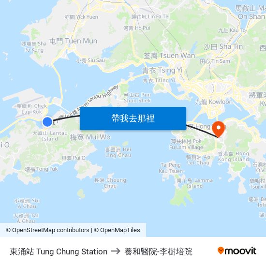 東涌站 Tung Chung Station to 養和醫院-李樹培院 map