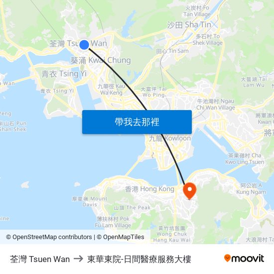 荃灣 Tsuen Wan to 東華東院-日間醫療服務大樓 map