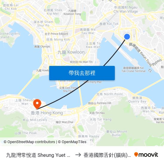九龍灣常悅道 Sheung Yuet Road Kowloon Bay to 香港國際舌針(腦病)研究治療中心 map