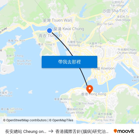 長安總站 Cheung on B/T to 香港國際舌針(腦病)研究治療中心 map