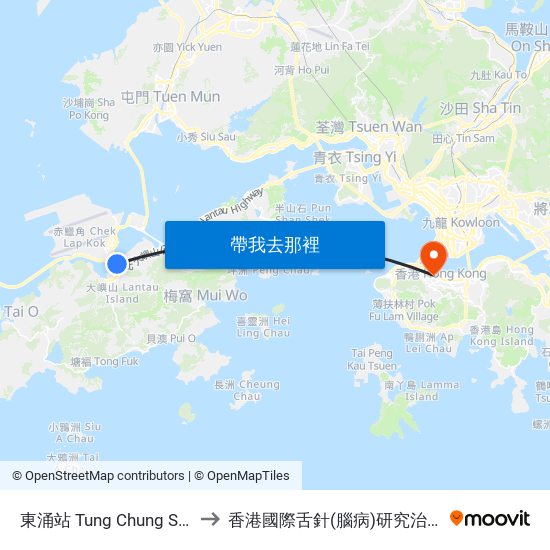 東涌站 Tung Chung Station to 香港國際舌針(腦病)研究治療中心 map