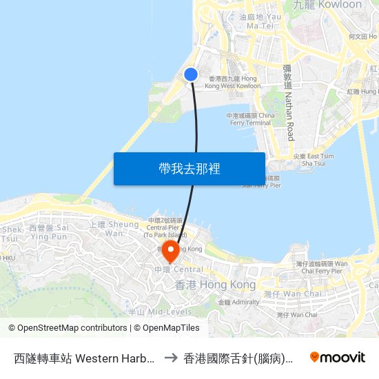 西隧轉車站 Western Harbour Tunnel Bbi to 香港國際舌針(腦病)研究治療中心 map