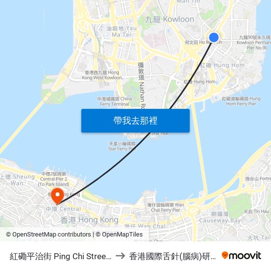 紅磡平治街 Ping Chi Street Hung Hom to 香港國際舌針(腦病)研究治療中心 map