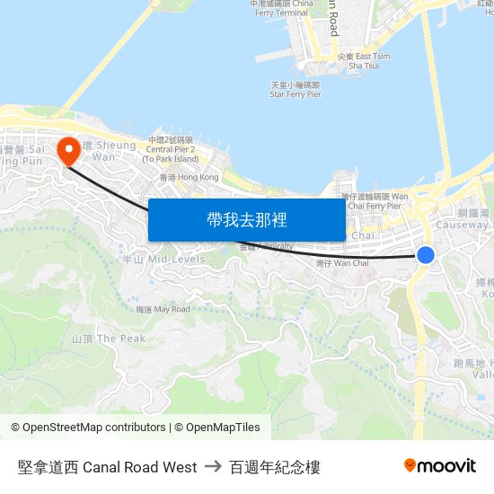 堅拿道西 Canal Road West to 百週年紀念樓 map