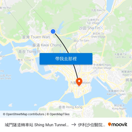 城門隧道轉車站 Shing Mun Tunnels Bus Interchange to 伊利沙伯醫院康復中心 map