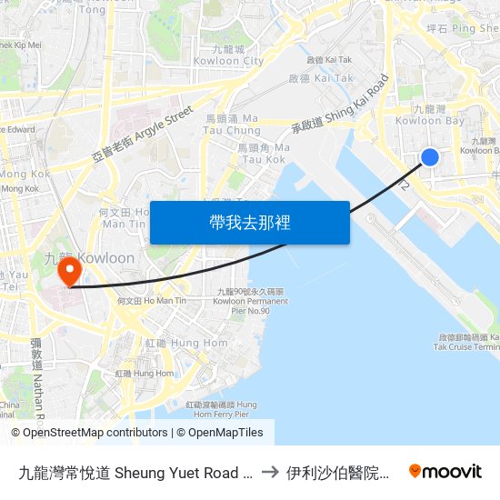 九龍灣常悅道 Sheung Yuet Road Kowloon Bay to 伊利沙伯醫院康復中心 map