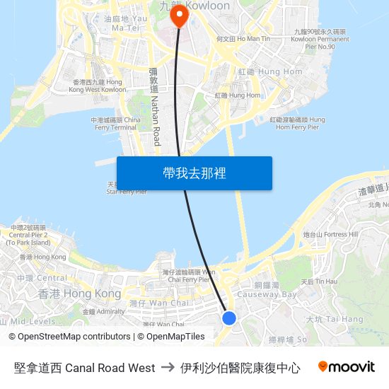 堅拿道西 Canal Road West to 伊利沙伯醫院康復中心 map