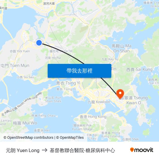 元朗 Yuen Long to 基督教聯合醫院-糖尿病科中心 map
