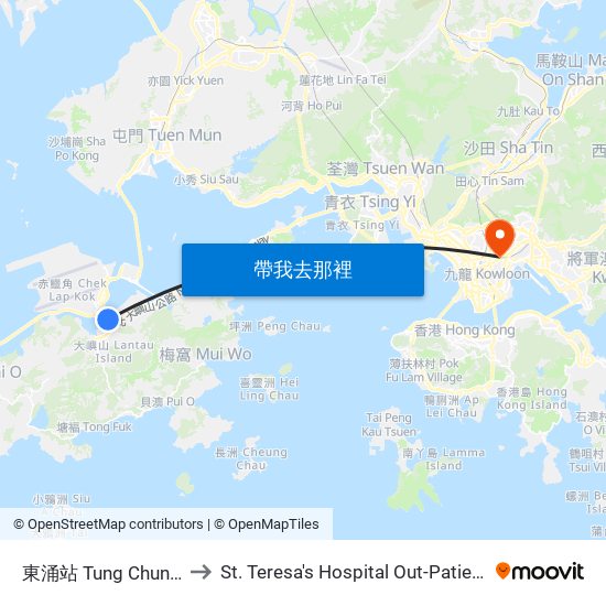 東涌站 Tung Chung Station to St. Teresa's Hospital Out-Patient Department map