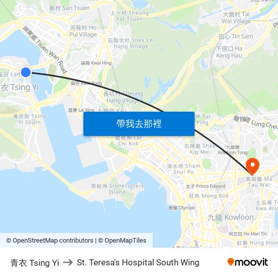 青衣 Tsing Yi to St. Teresa's Hospital South Wing map