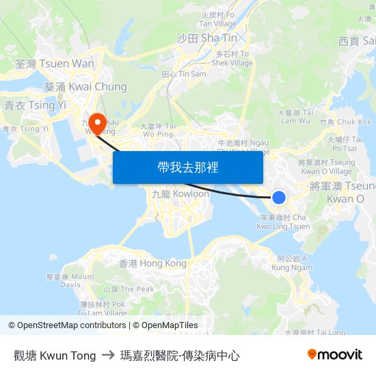 觀塘 Kwun Tong to 瑪嘉烈醫院-傳染病中心 map