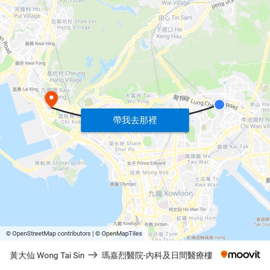 黃大仙 Wong Tai Sin to 瑪嘉烈醫院-內科及日間醫療樓 map