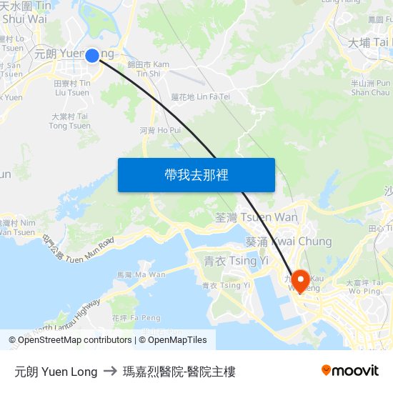 元朗 Yuen Long to 瑪嘉烈醫院-醫院主樓 map