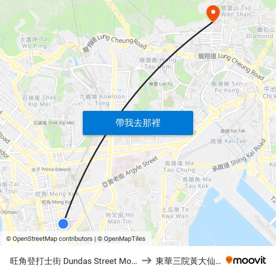 旺角登打士街 Dundas Street Mong Kok to 東華三院黃大仙醫院 map