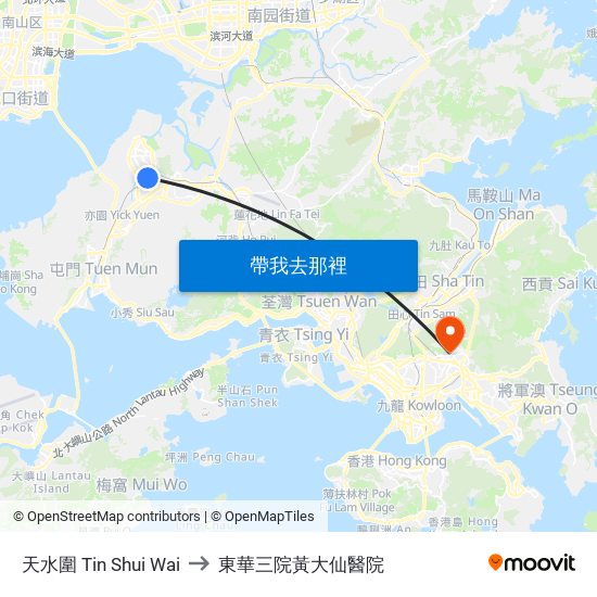 天水圍 Tin Shui Wai to 東華三院黃大仙醫院 map