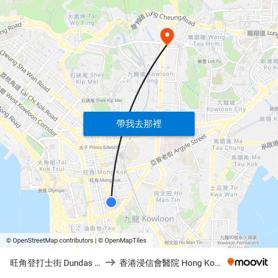 旺角登打士街 Dundas Street Mong Kok to 香港浸信會醫院 Hong Kong Baptist Hospital map