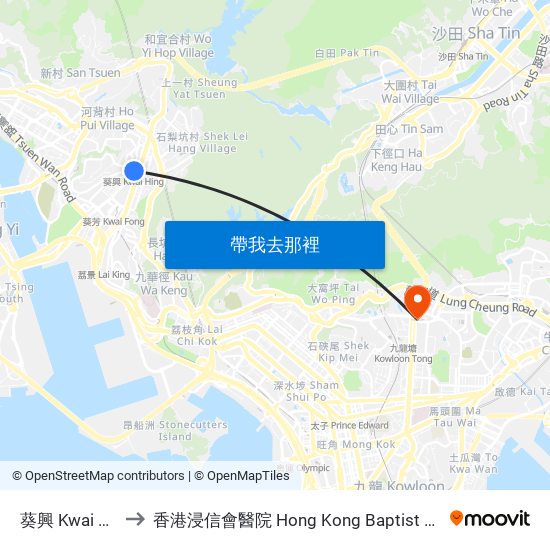 葵興 Kwai Hing to 香港浸信會醫院 Hong Kong Baptist Hospital map