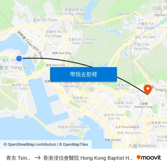 青衣 Tsing Yi to 香港浸信會醫院 Hong Kong Baptist Hospital map