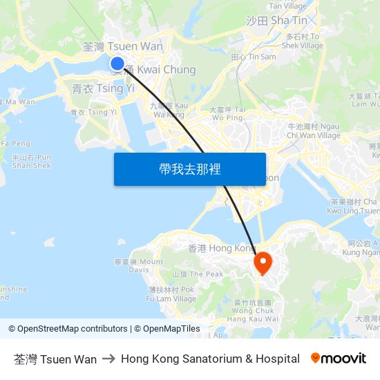 荃灣 Tsuen Wan to Hong Kong Sanatorium & Hospital map