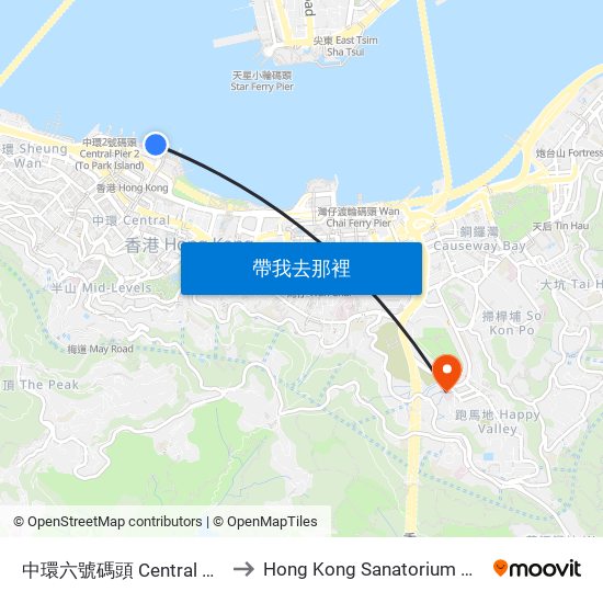 中環六號碼頭 Central Pier No. 6 to Hong Kong Sanatorium & Hospital map