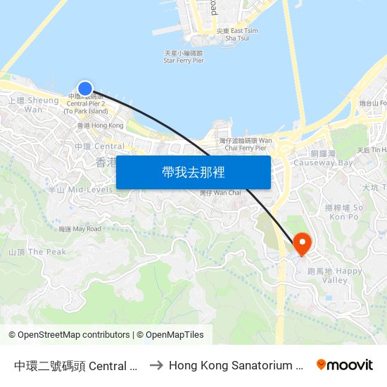 中環二號碼頭 Central Pier No. 2 to Hong Kong Sanatorium & Hospital map