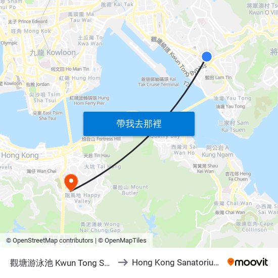 觀塘游泳池 Kwun Tong Swimming Pool to Hong Kong Sanatorium & Hospital map