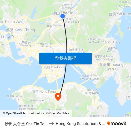 沙田大會堂 Sha Tin Town Hall to Hong Kong Sanatorium & Hospital map