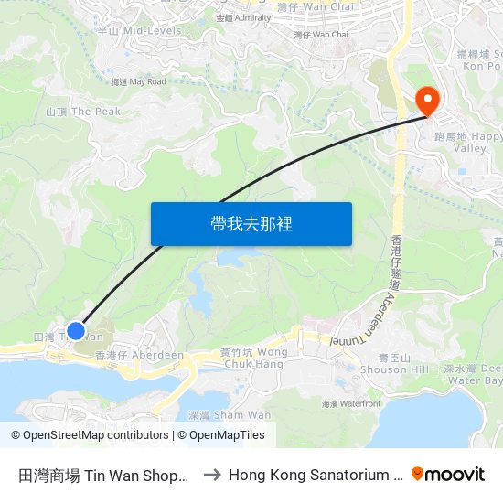 田灣商場 Tin Wan Shopping Centre to Hong Kong Sanatorium & Hospital map