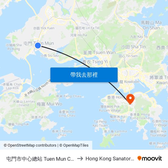 屯門市中心總站 Tuen Mun Central Bus Terminus to Hong Kong Sanatorium & Hospital map